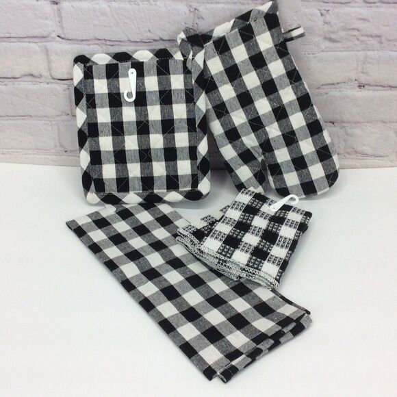 Buffalo Check 5 Pc. Kitchen Set Black/White Towel/Mitt/Pot Holder/2 Dish Cloths - Picture 10 of 10